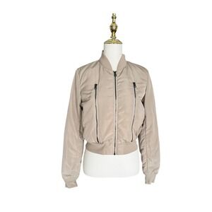 ALO Yoga Off Duty Bomber Jacket Small Gravel Taupe Down Puffer Cropped Womens